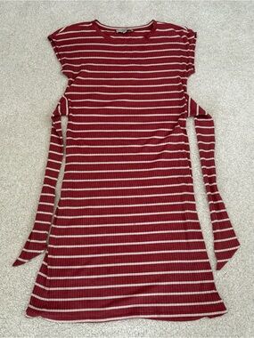 LOFT Burgundy and Cream Striped Ribbed Mini Dress